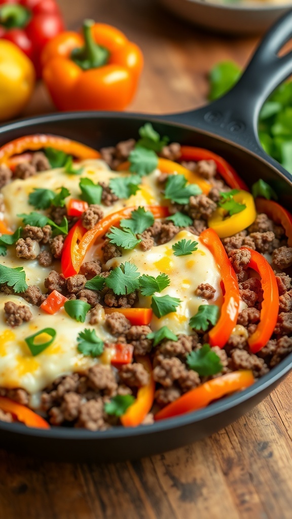 A skillet of low carb ground beef with bell peppers and cheese, garnished with cilantro.